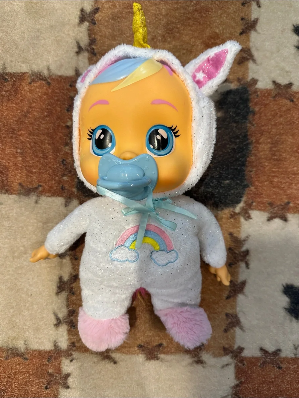 Unbranded Sparkle Unicorn Baby Doll in White and Pink with Blue Pacifier